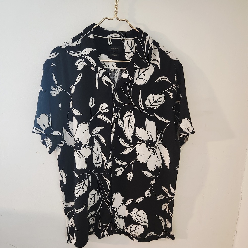 Porter & Ash Men's Black White Floral‎ Linen Blend Button Up Shirt XL